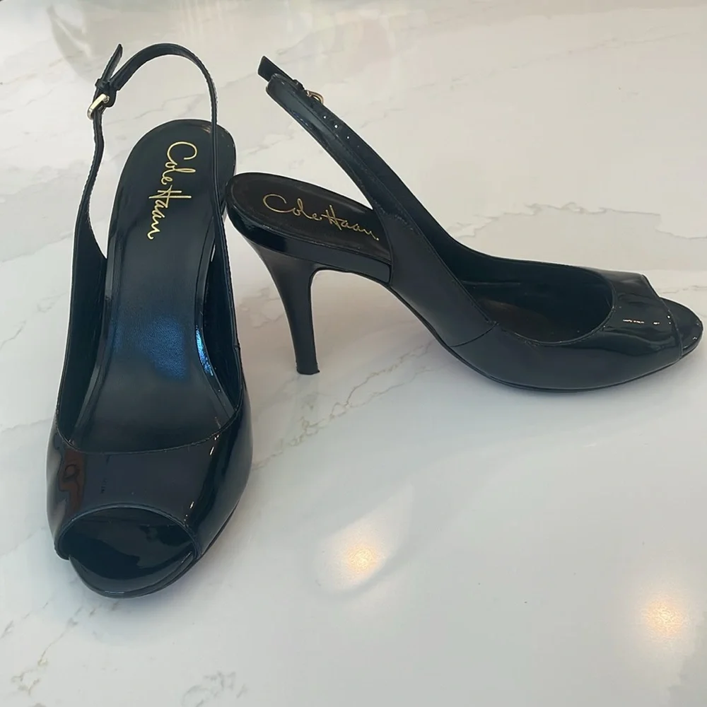 Cole Haan Air Talia Black Patent Leather Open Toe Slingback Heel Size 7C… - Picture 2 of 13